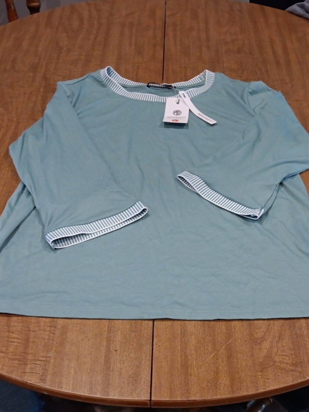 Caslon Seafoam Long Sleeve Tee with Striped Trim